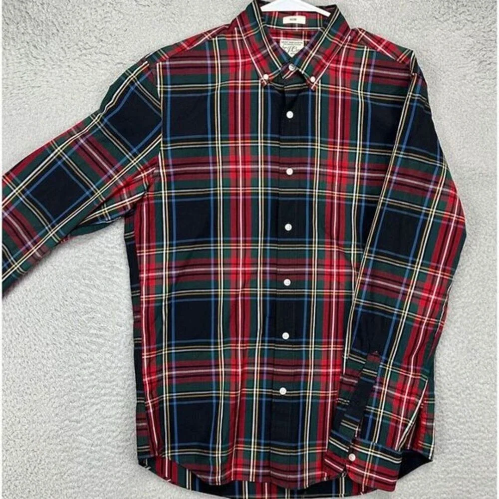 J Crew Shirt Mens Medium Black Multi Plaid Organic Cotton Blend Slim Button Down